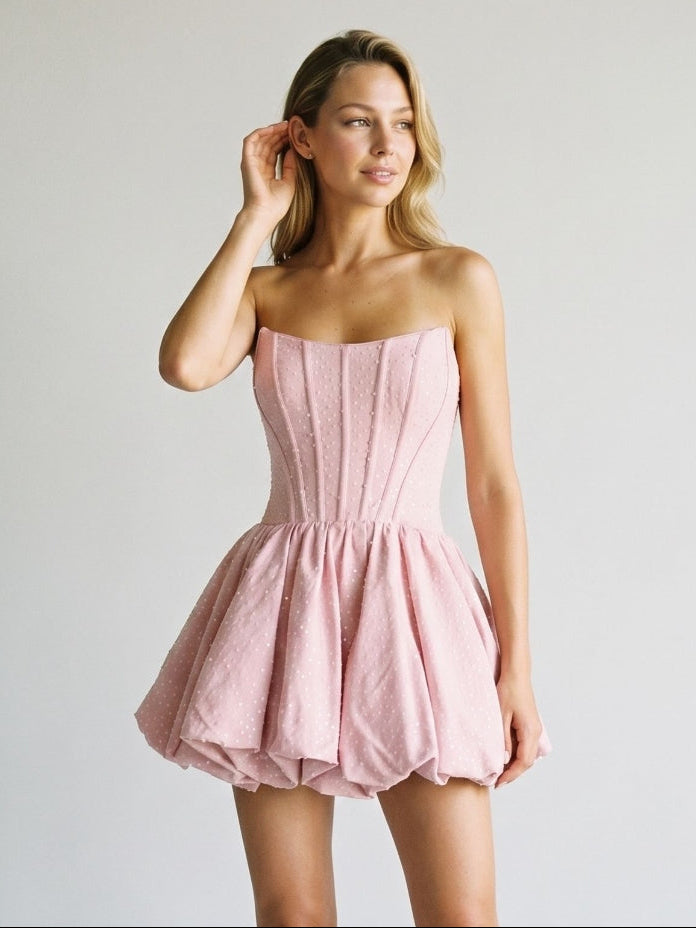 Petal Matte Satin A-Line Straight Neck Back Zip Short Dress with Pleating - Curvevia