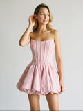 Petal Matte Satin A-Line Straight Neck Back Zip Short Dress with Pleating - Curvevia