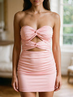 Petal Matte Satin Sheath Sweetheart Backless Short Pleated Evening Gown - Curvevia