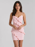 Petal Matte Satin Sheath V-Neck Short Dress with Ruffles - Curvevia
