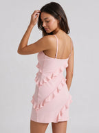 Petal Matte Satin Sheath V-Neck Short Dress with Ruffles - Curvevia