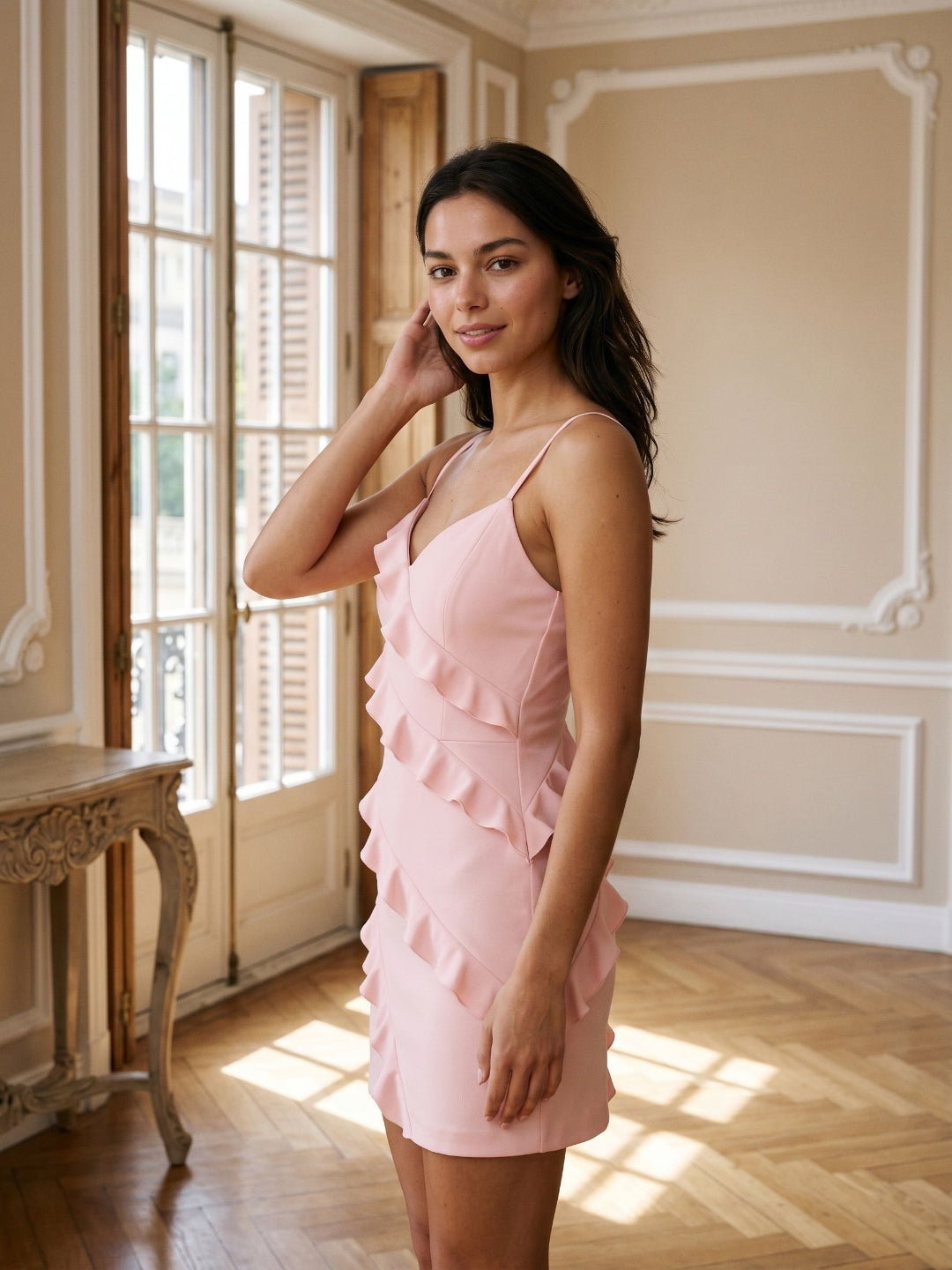 Petal Matte Satin Sheath V-Neck Short Dress with Ruffles - Curvevia