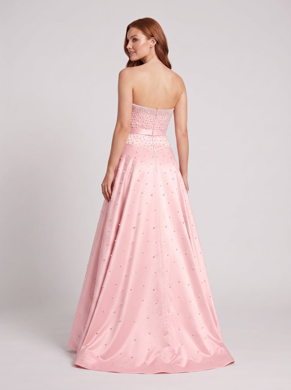 Petal Satin A-Line Straight Neck Back Zip Floor-Length Dress with Drop Waist and Pearls - Curvevia