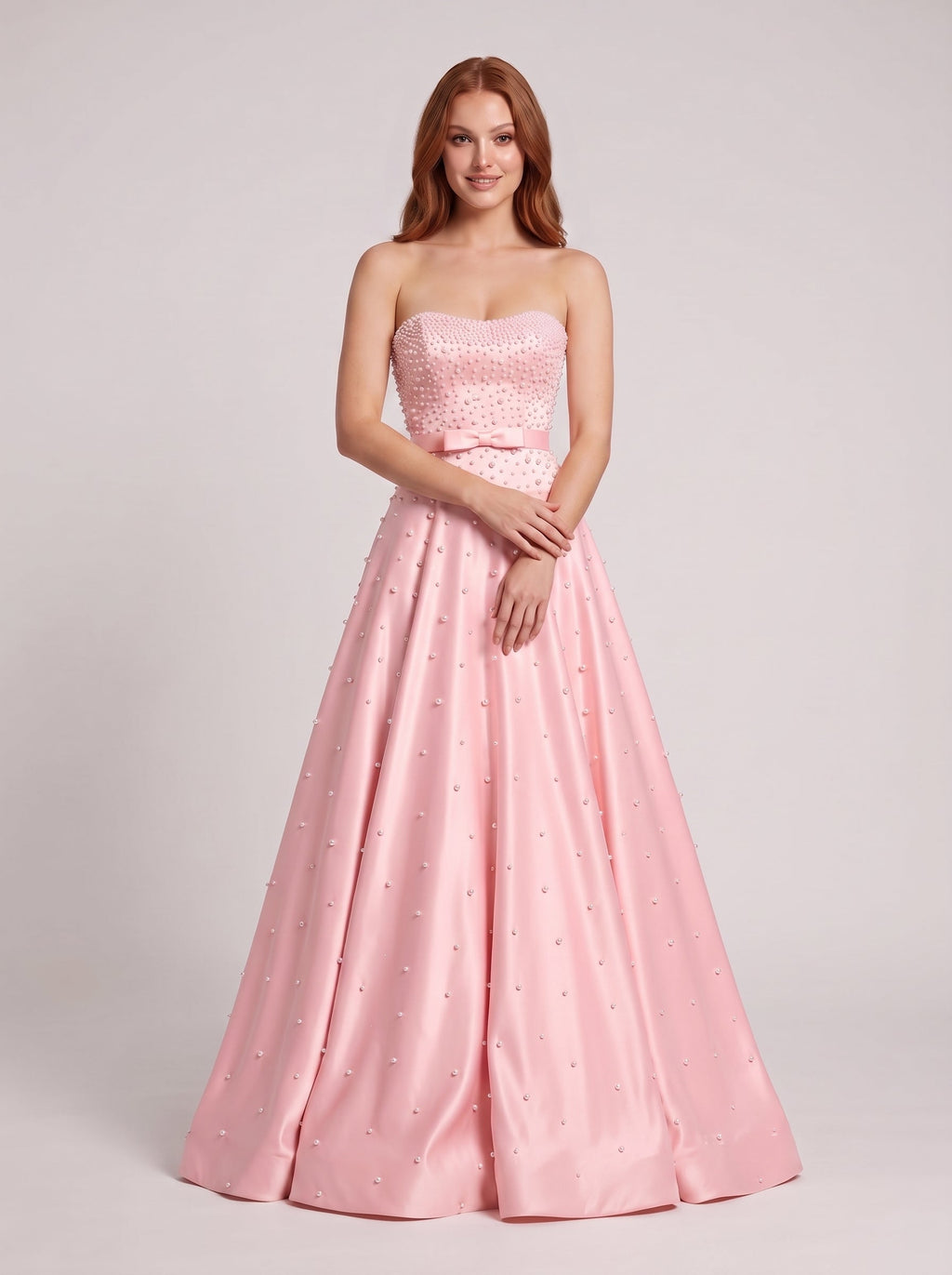 Petal Satin A-Line Straight Neck Back Zip Floor-Length Dress with Drop Waist and Pearls - Curvevia