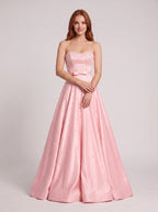 Petal Satin A-Line Straight Neck Back Zip Floor-Length Dress with Drop Waist and Pearls - Curvevia