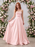Petal Satin A-Line Straight Neck Back Zip Floor-Length Dress with Drop Waist and Pearls - Curvevia