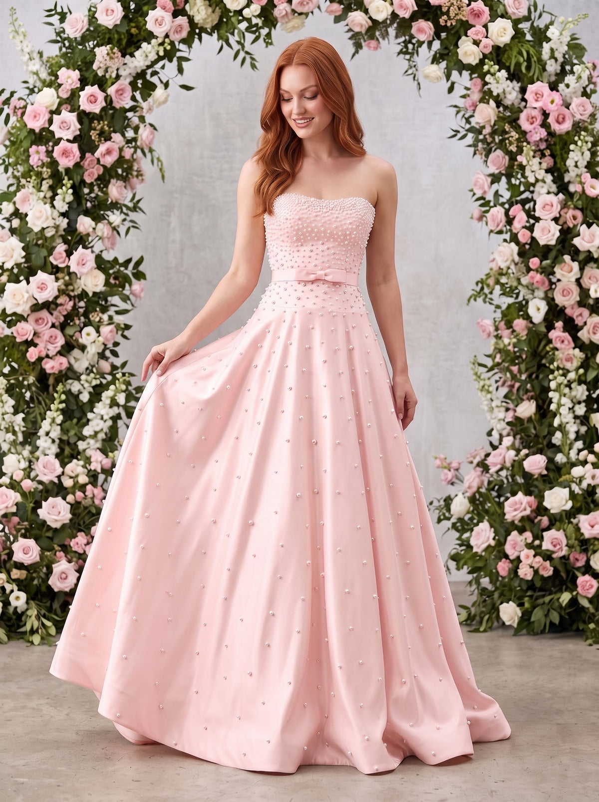 Petal Satin A-Line Straight Neck Back Zip Floor-Length Dress with Drop Waist and Pearls - Curvevia