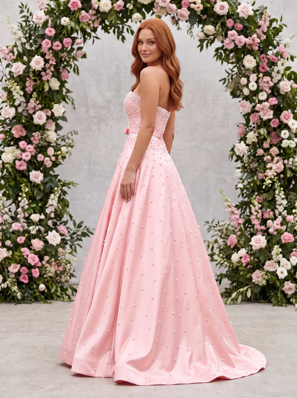 Petal Satin A-Line Straight Neck Back Zip Floor-Length Dress with Drop Waist and Pearls - Curvevia