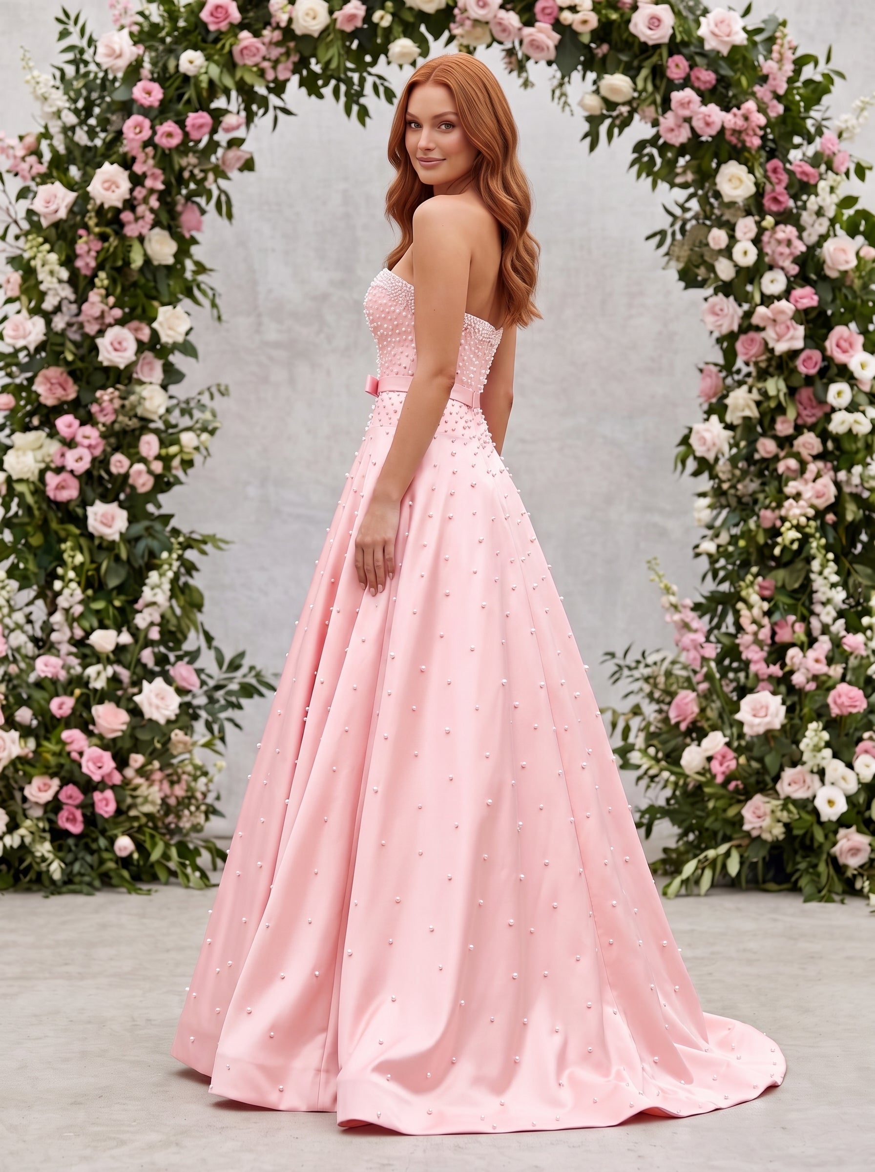 Petal Satin A-Line Straight Neck Back Zip Floor-Length Dress with Drop Waist and Pearls - Curvevia