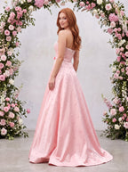 Petal Satin A-Line Straight Neck Back Zip Floor-Length Dress with Drop Waist and Pearls - Curvevia