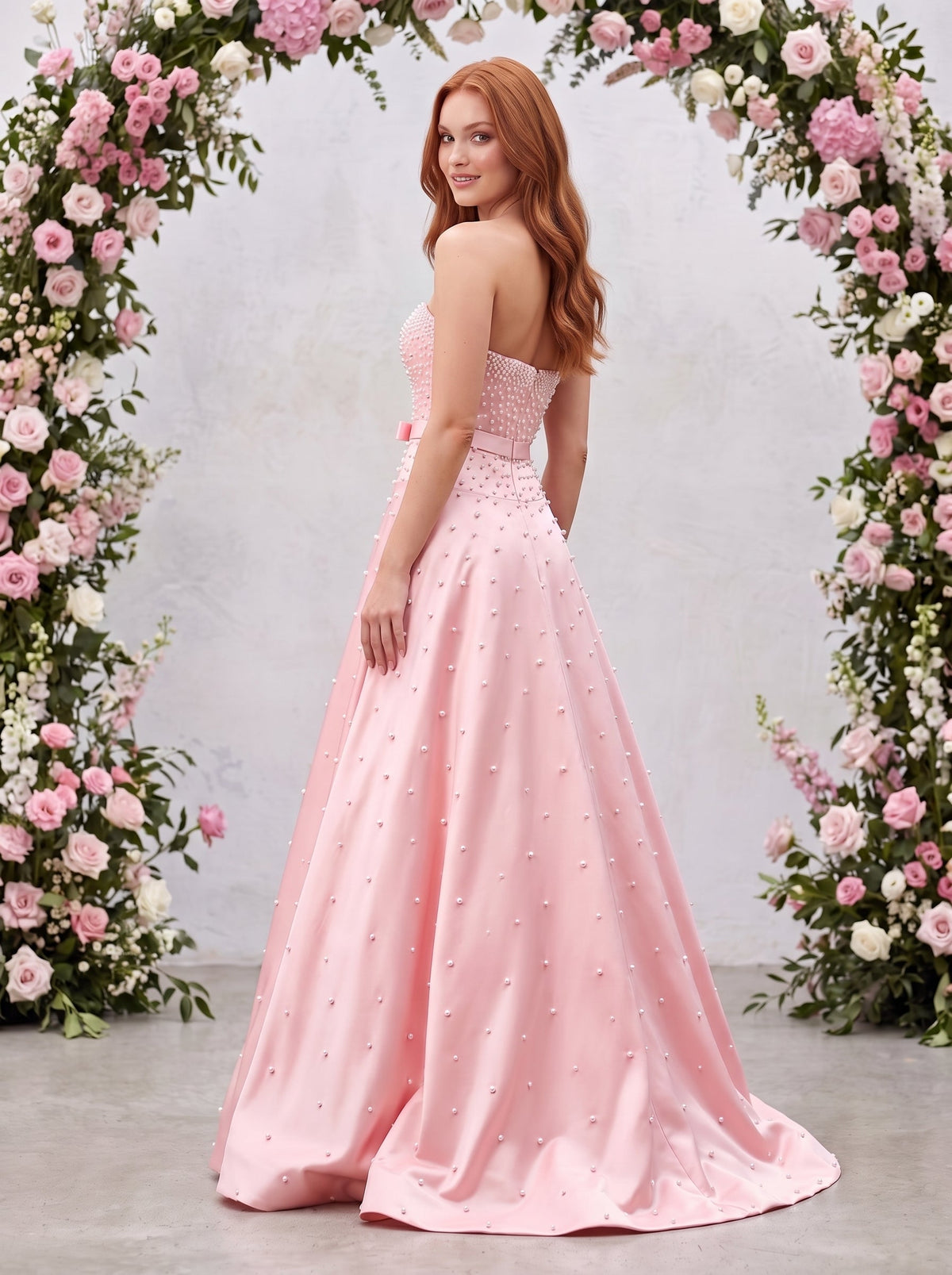 Petal Satin A-Line Straight Neck Back Zip Floor-Length Dress with Drop Waist and Pearls - Curvevia