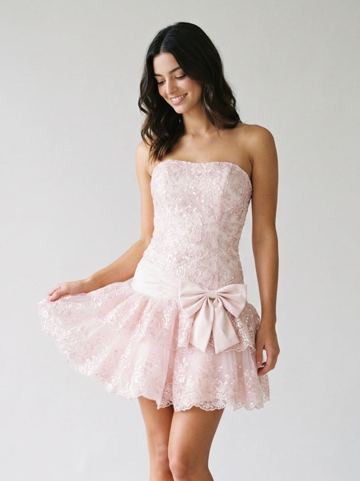 Petal Satin A-Line Straight Neck Back Zip Short Homecoming Dress with Cascading Ruffles - Curvevia