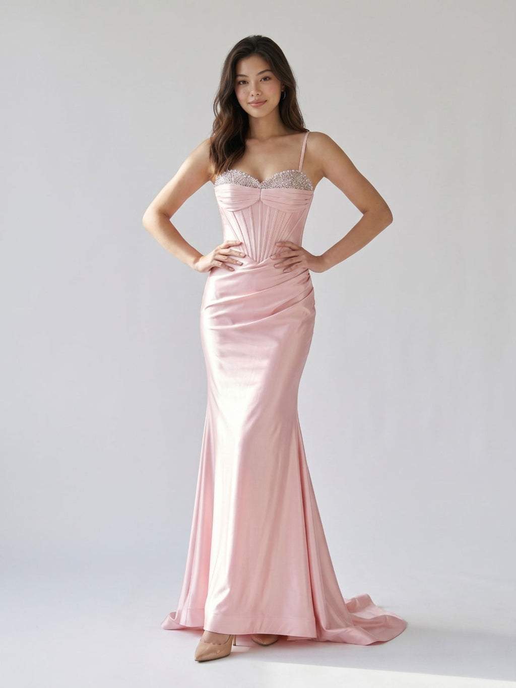 Petal Satin Mermaid Sweetheart Criss-Cross Floor-Length Dress with Bow - Curvevia