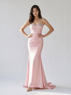 Petal Satin Mermaid Sweetheart Criss-Cross Floor-Length Dress with Bow - Curvevia