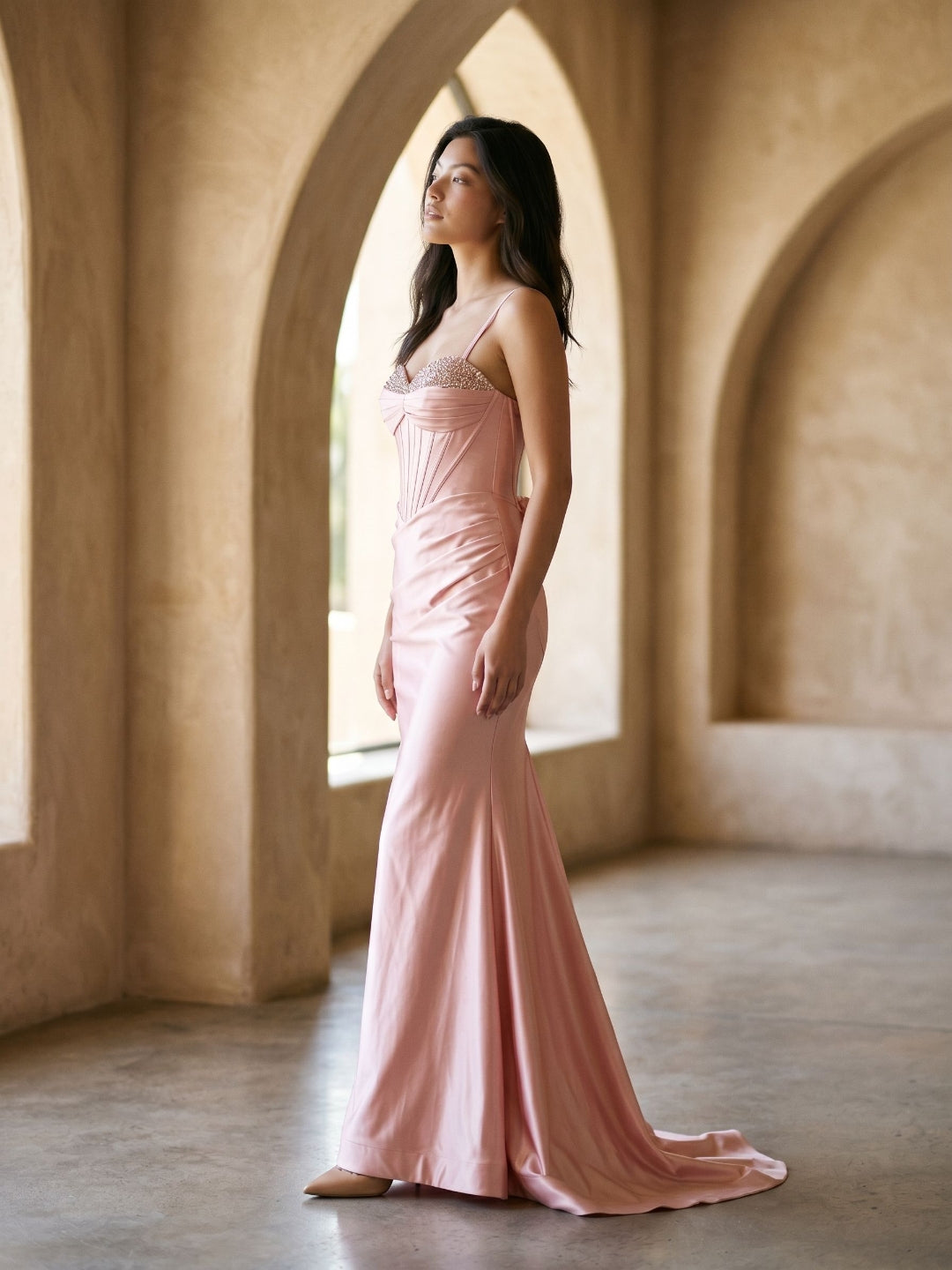 Petal Satin Mermaid Sweetheart Criss-Cross Floor-Length Dress with Bow - Curvevia