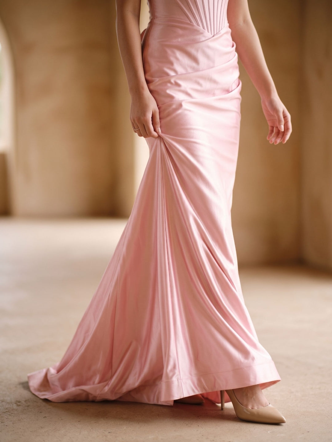 Petal Satin Mermaid Sweetheart Criss-Cross Floor-Length Dress with Bow - Curvevia
