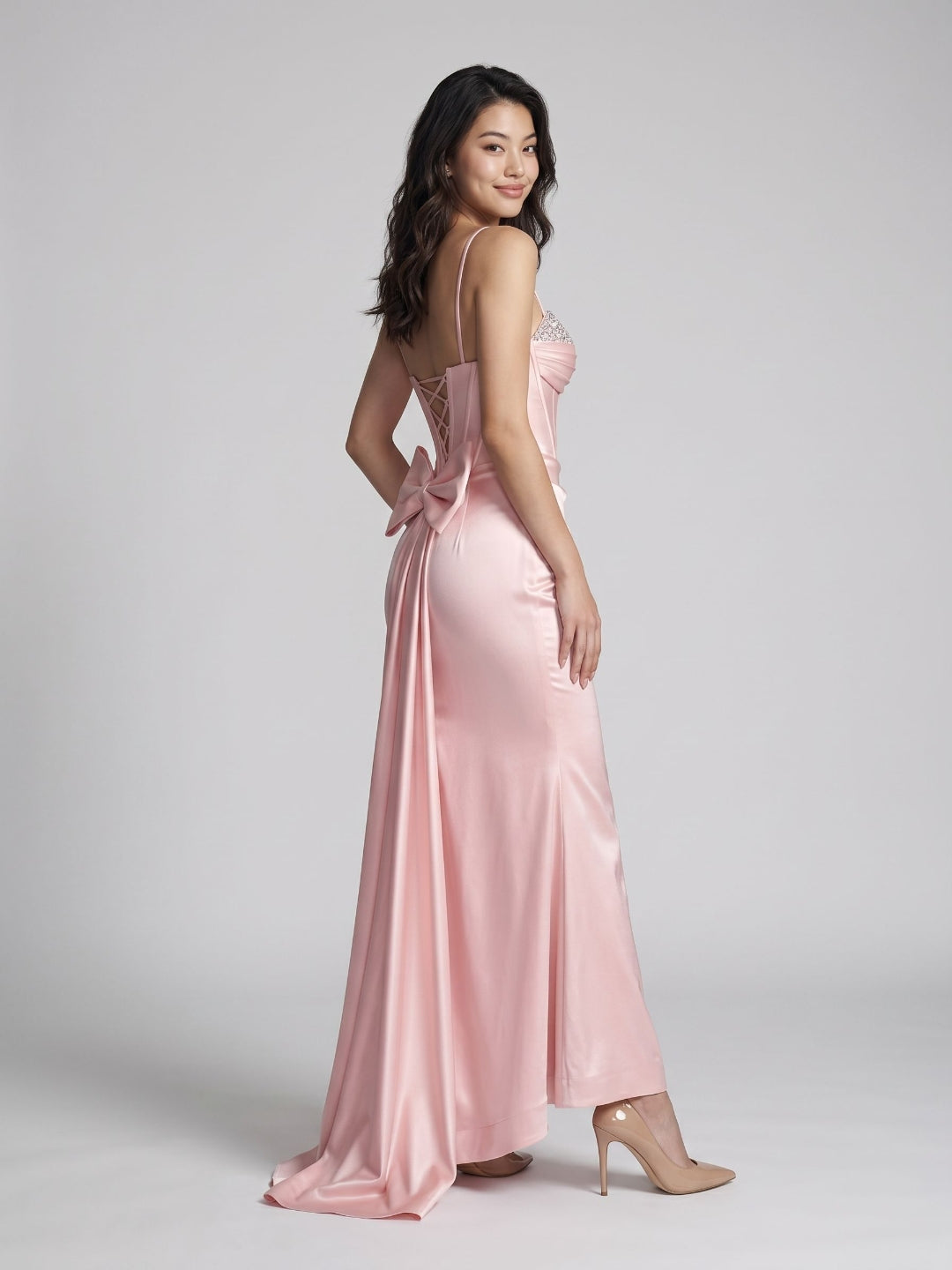 Petal Satin Mermaid Sweetheart Criss-Cross Floor-Length Dress with Bow - Curvevia