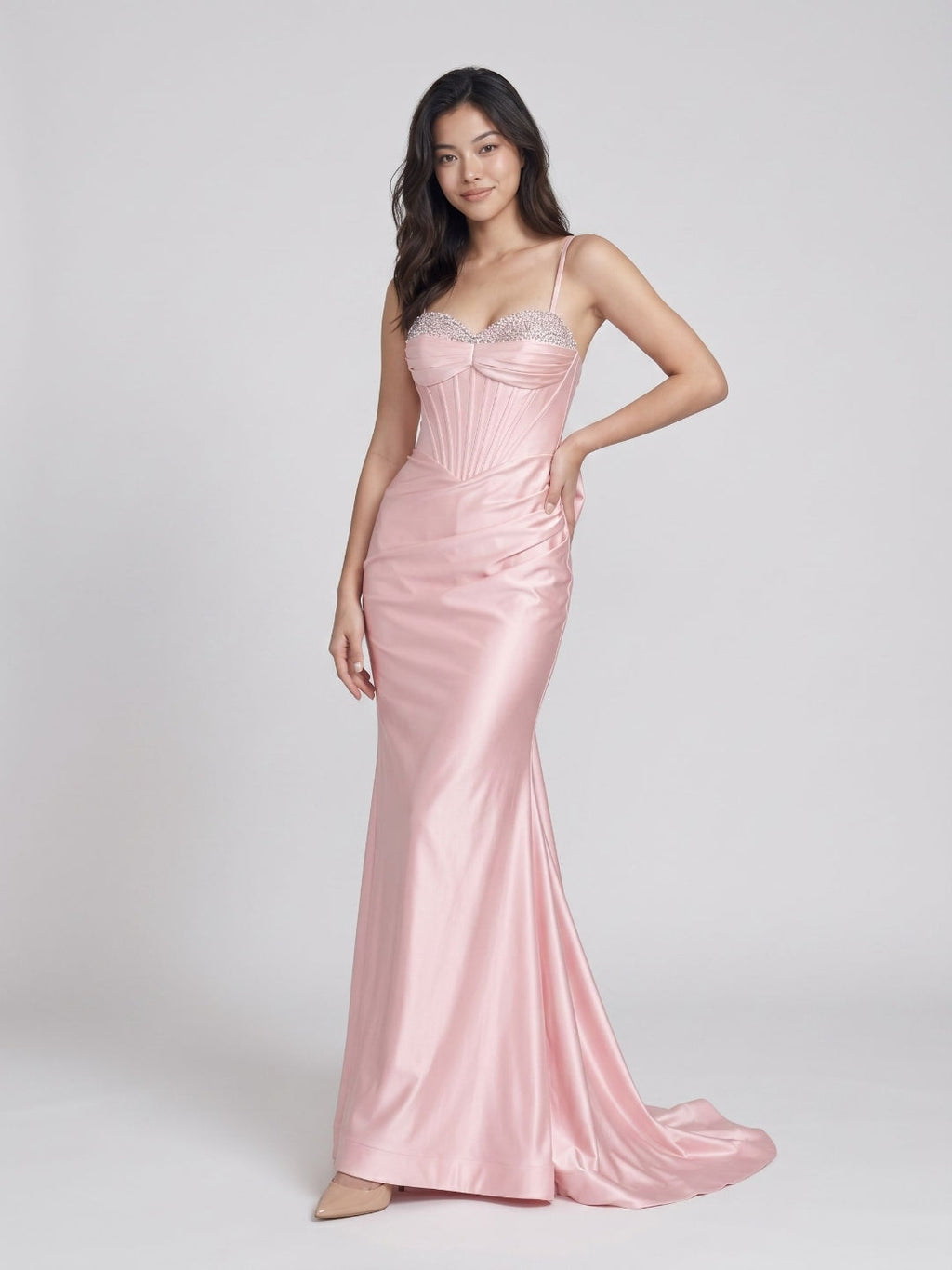 Petal Satin Mermaid Sweetheart Criss-Cross Floor-Length Dress with Bow - Curvevia