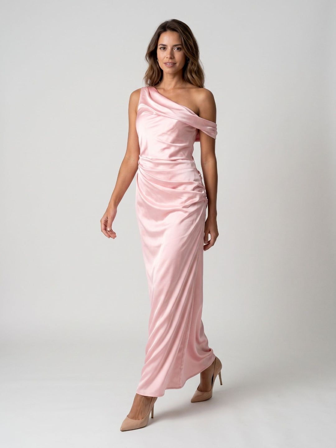 Petal Satin Sheath One Shoulder Backless Floor-Length Formal Dress with Pleating - Curvevia