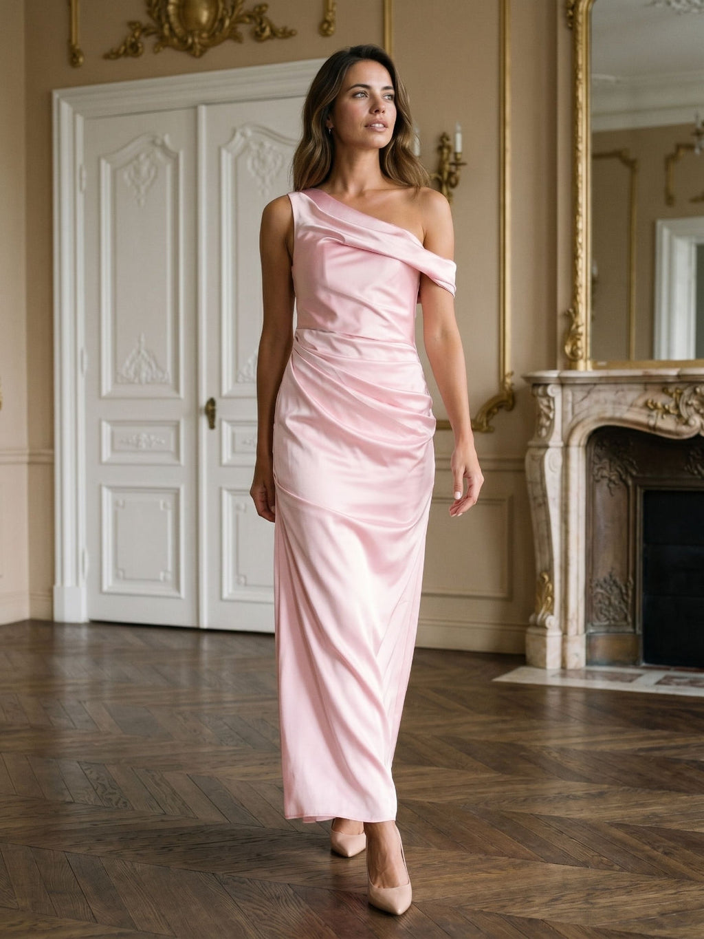 Petal Satin Sheath One Shoulder Backless Floor-Length Formal Dress with Pleating - Curvevia