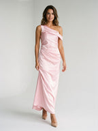 Petal Satin Sheath One Shoulder Backless Floor-Length Formal Dress with Pleating - Curvevia