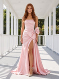 Petal Satin column Straight Neck Back Zip Floor-Length Dress with High Slit - Curvevia