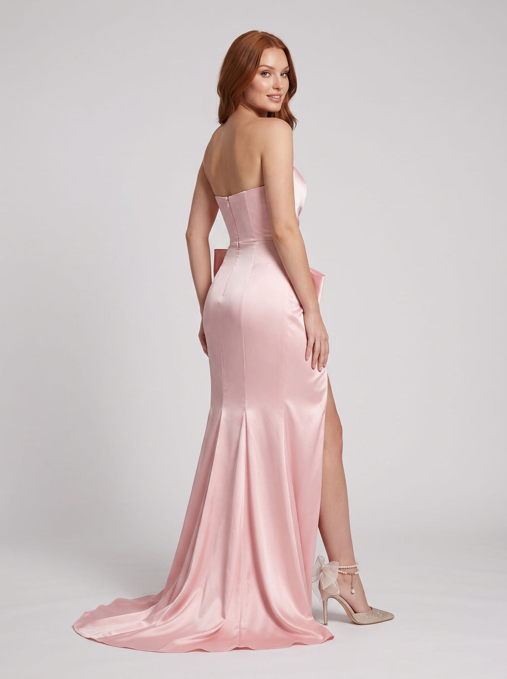 Petal Satin column Straight Neck Back Zip Floor-Length Dress with High Slit - Curvevia