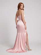 Petal Satin column Straight Neck Back Zip Floor-Length Dress with High Slit - Curvevia