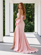 Petal Satin column Straight Neck Back Zip Floor-Length Dress with High Slit - Curvevia