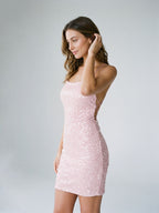 Petal Sequin Sheath Straight Neck Backless Short Dress - Curvevia