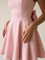 Petal Stretch Knit A-Line Square Neck Back Zip Short Homecoming Dress with Bow - Curvevia