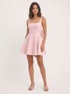 Petal Stretch Knit A-Line Square Neck Back Zip Short Homecoming Dress with Bow - Curvevia