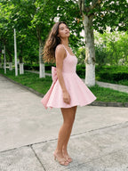 Petal Stretch Knit A-Line Square Neck Back Zip Short Homecoming Dress with Bow - Curvevia