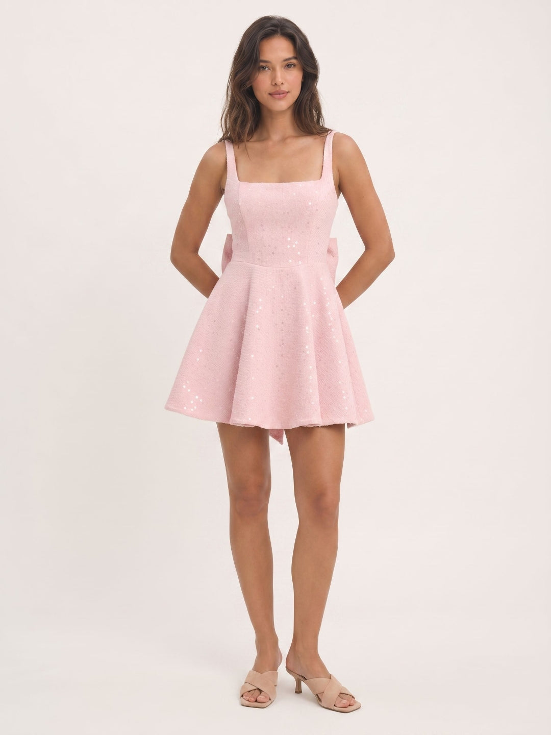 Petal Stretch Knit A-Line Square Neck Back Zip Short Homecoming Dress with Bow - Curvevia