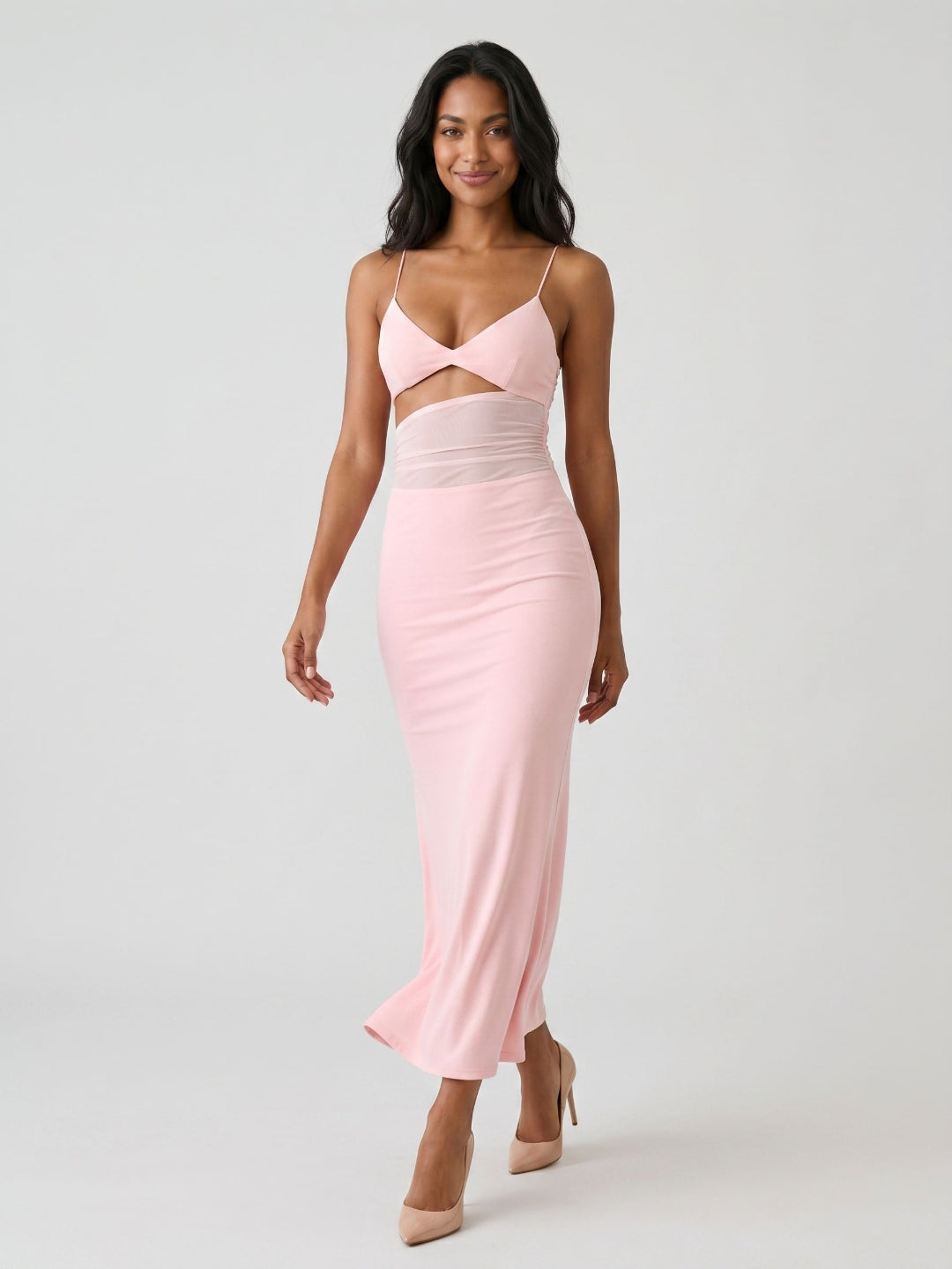 Petal Stretch Knit Mermaid V-Neck Backless Tea-Length Evening Dress - Curvevia