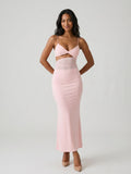 Petal Stretch Knit Mermaid V-Neck Backless Tea-Length Evening Dress - Curvevia