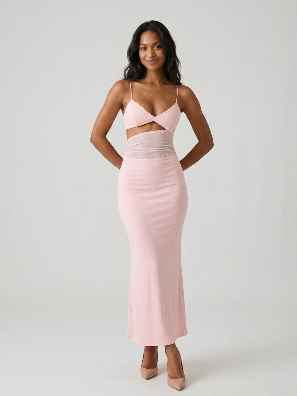 Petal Stretch Knit Mermaid V-Neck Backless Tea-Length Evening Dress - Curvevia