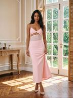 Petal Stretch Knit Mermaid V-Neck Backless Tea-Length Evening Dress - Curvevia