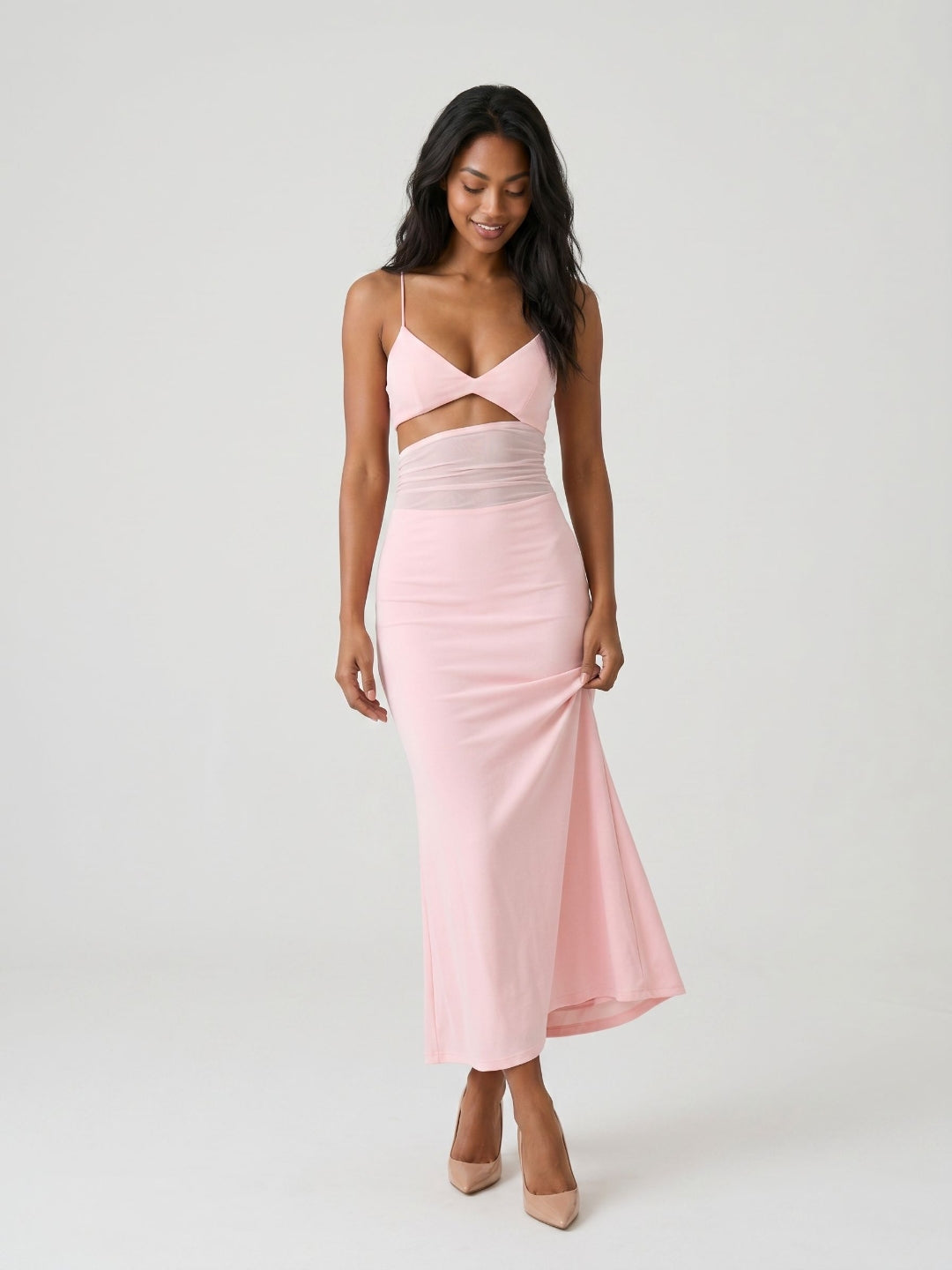 Petal Stretch Knit Mermaid V-Neck Backless Tea-Length Evening Dress - Curvevia