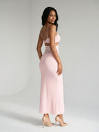 Petal Stretch Knit Mermaid V-Neck Backless Tea-Length Evening Dress - Curvevia