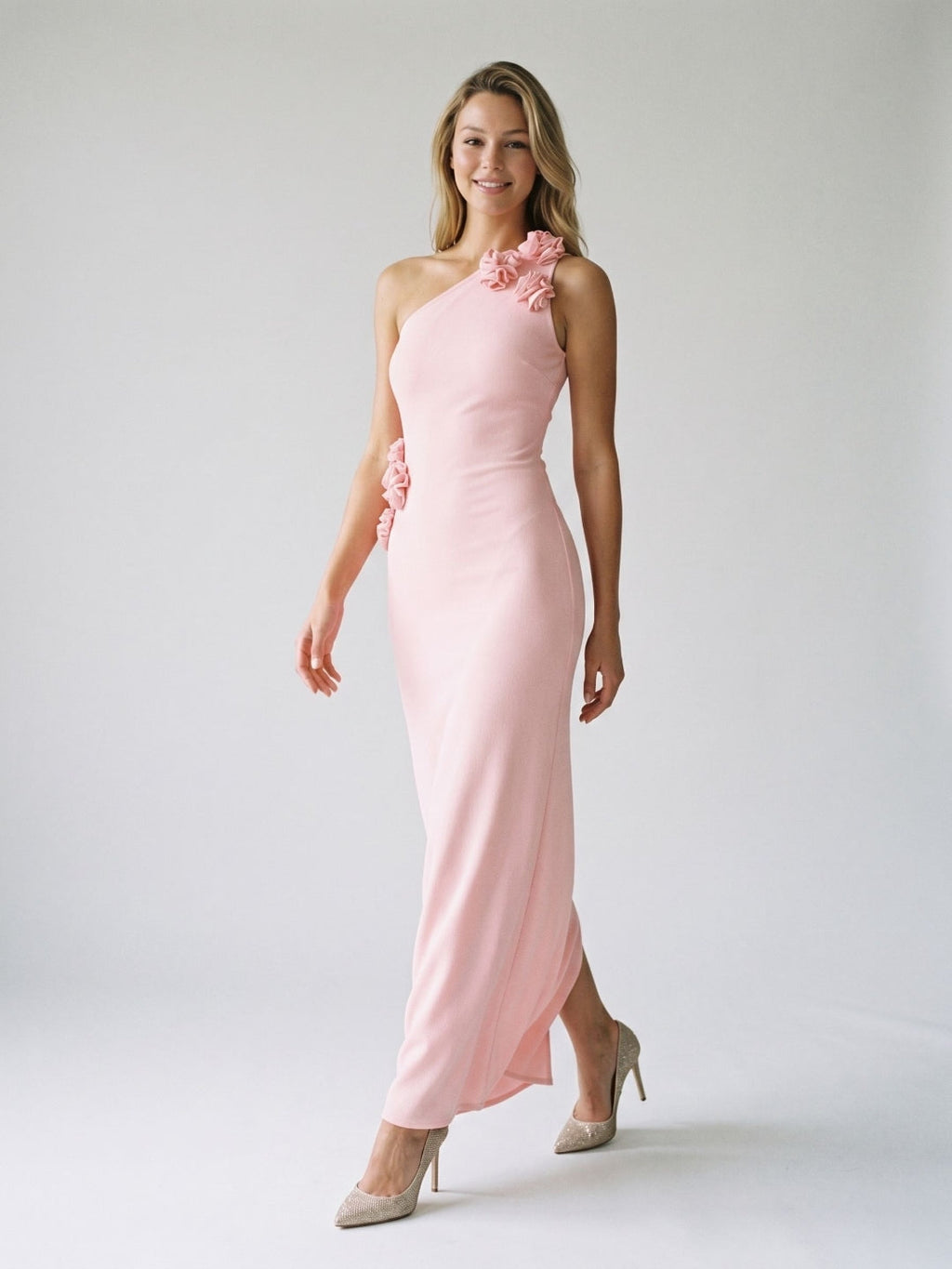 Petal Stretch Knit Trumpet One Shoulder Side Zip Floor-Length Birthday Dress - Curvevia