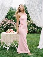 Petal Stretch Knit Trumpet One Shoulder Side Zip Floor-Length Birthday Dress - Curvevia