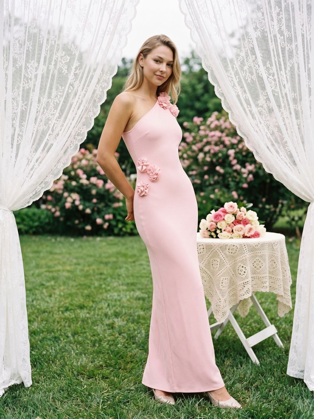 Petal Stretch Knit Trumpet One Shoulder Side Zip Floor-Length Birthday Dress - Curvevia