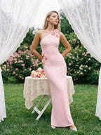 Petal Stretch Knit Trumpet One Shoulder Side Zip Floor-Length Birthday Dress - Curvevia