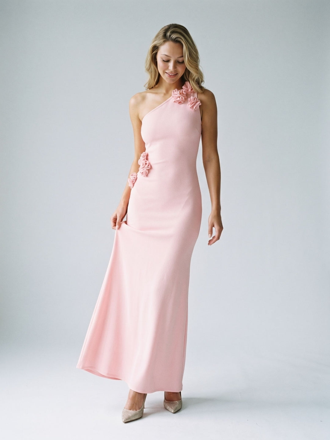 Petal Stretch Knit Trumpet One Shoulder Side Zip Floor-Length Birthday Dress - Curvevia