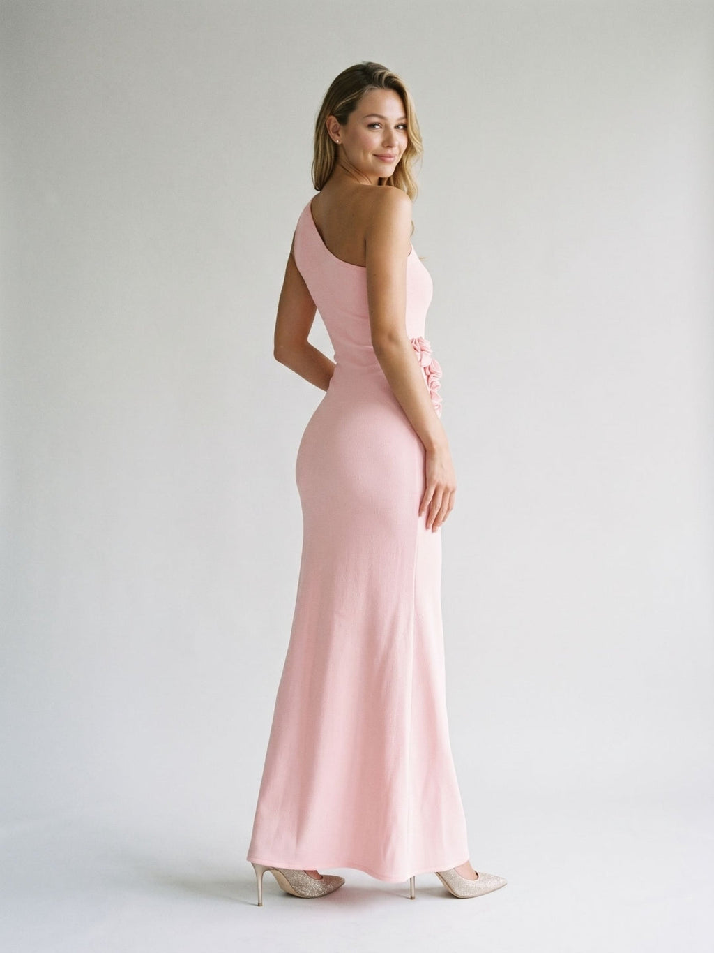 Petal Stretch Knit Trumpet One Shoulder Side Zip Floor-Length Birthday Dress - Curvevia