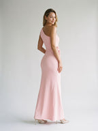 Petal Stretch Knit Trumpet One Shoulder Side Zip Floor-Length Birthday Dress - Curvevia