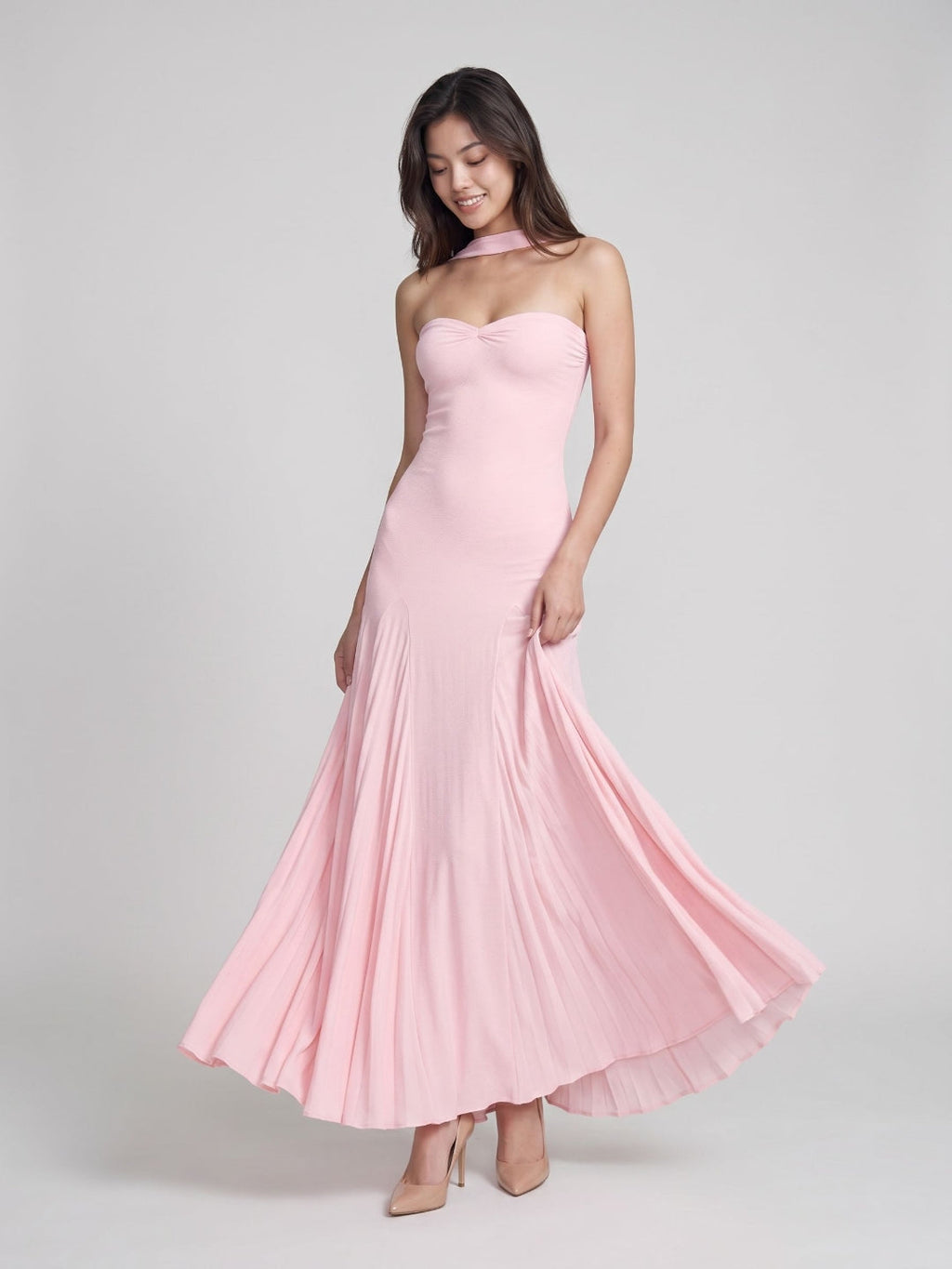 Petal Stretch Knit Trumpet Sweetheart Floor-Length Birthday Dress with Pleating - Curvevia
