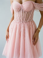 Petal Tulle A-Line Off-the-Shoulder Backless Short Homecoming Dress with Sequins - Curvevia