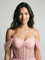Petal Tulle A-Line Off-the-Shoulder Backless Short Homecoming Dress with Sequins - Curvevia